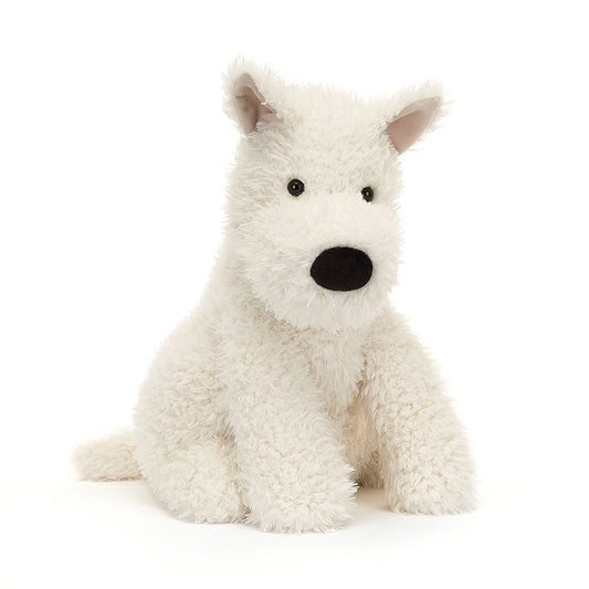 Peluche Cane Scozzese Munro Medium Jellycat originale bianco seduto, morbido e adatto dalla nascita