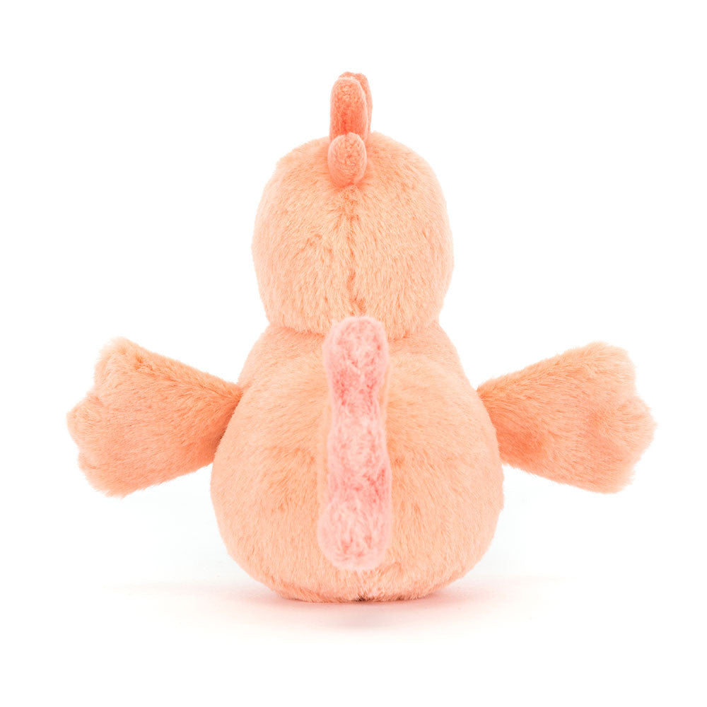 Peluche gallina Jellycat Fluffy Chicken visto di lato, con ali a ventaglio e coda coordinata