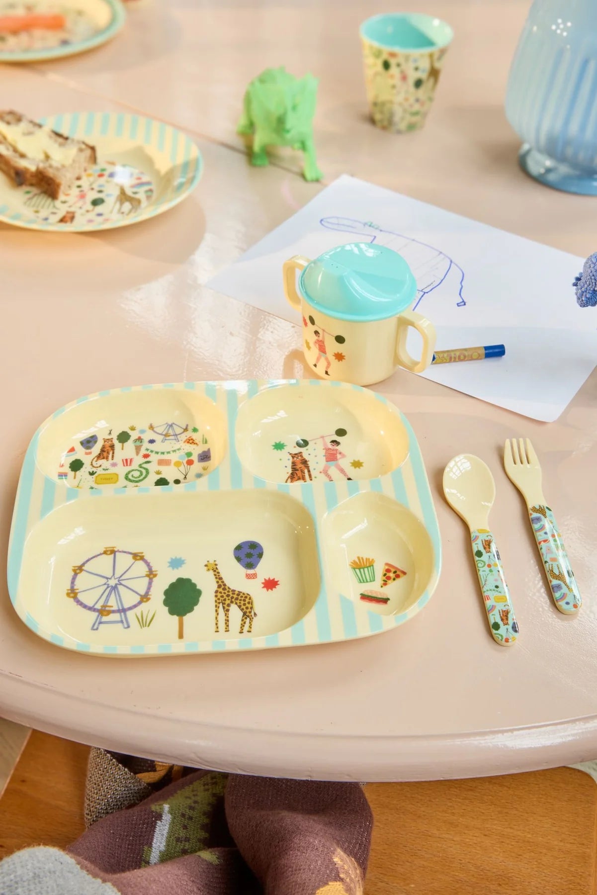 Piatto 4 scomparti in melamina Rice – Fun Fair Mint, per bambini - Apple Pie