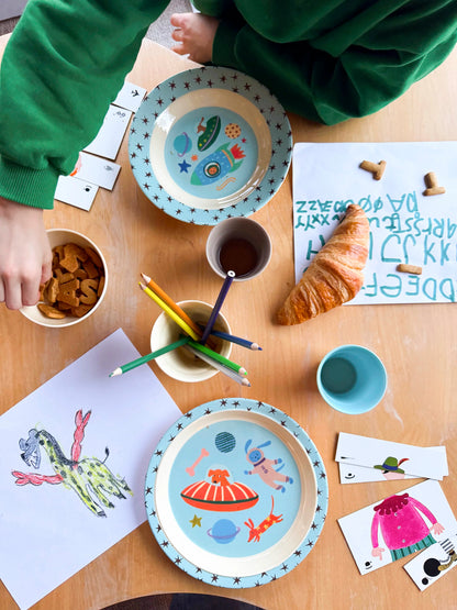 Piatto fondo RICE per bambini con disegno cani nello spazio