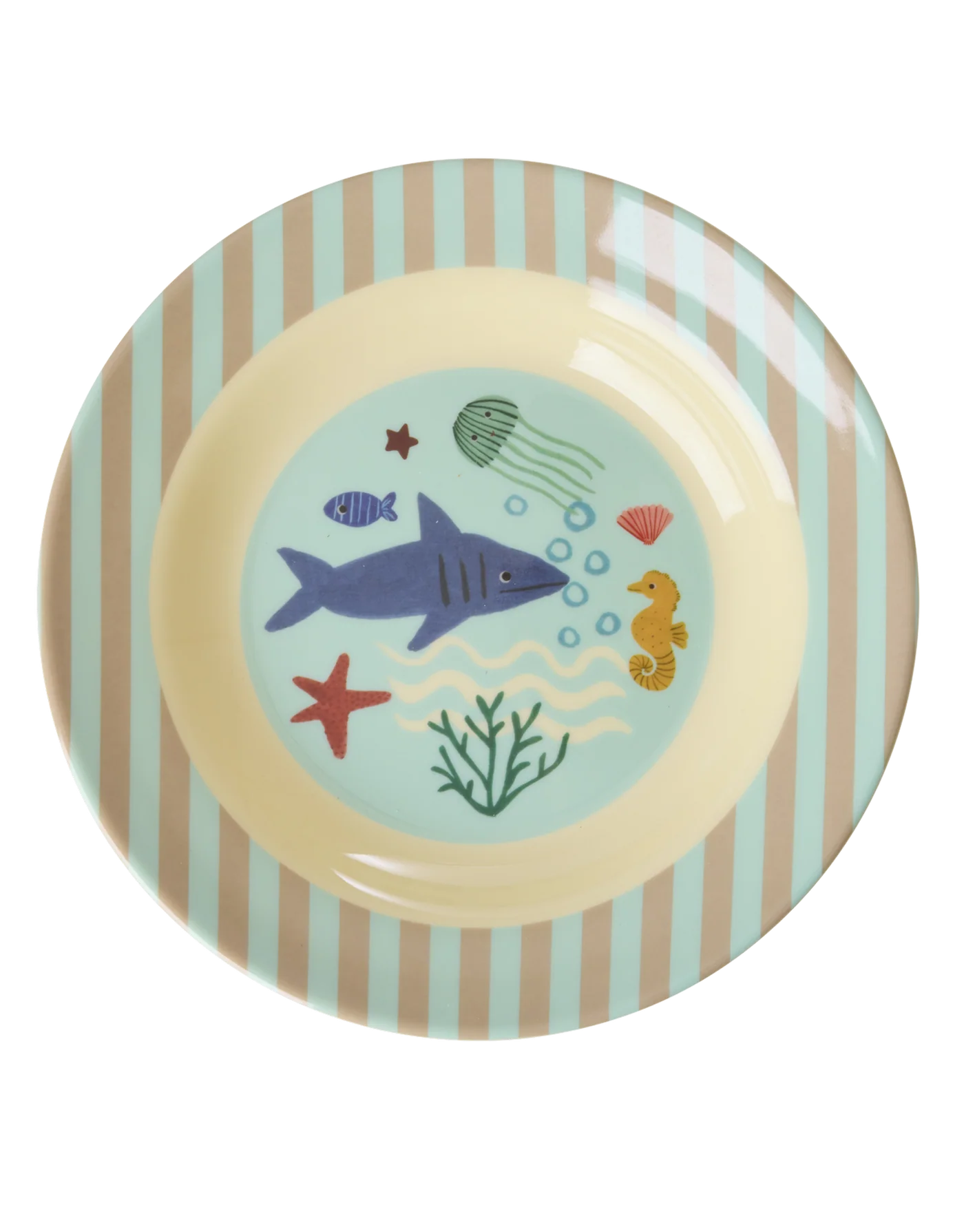 Piatto fondo Rice per bambini in melamina con stampa Blue Ocean, su sfondo bianco