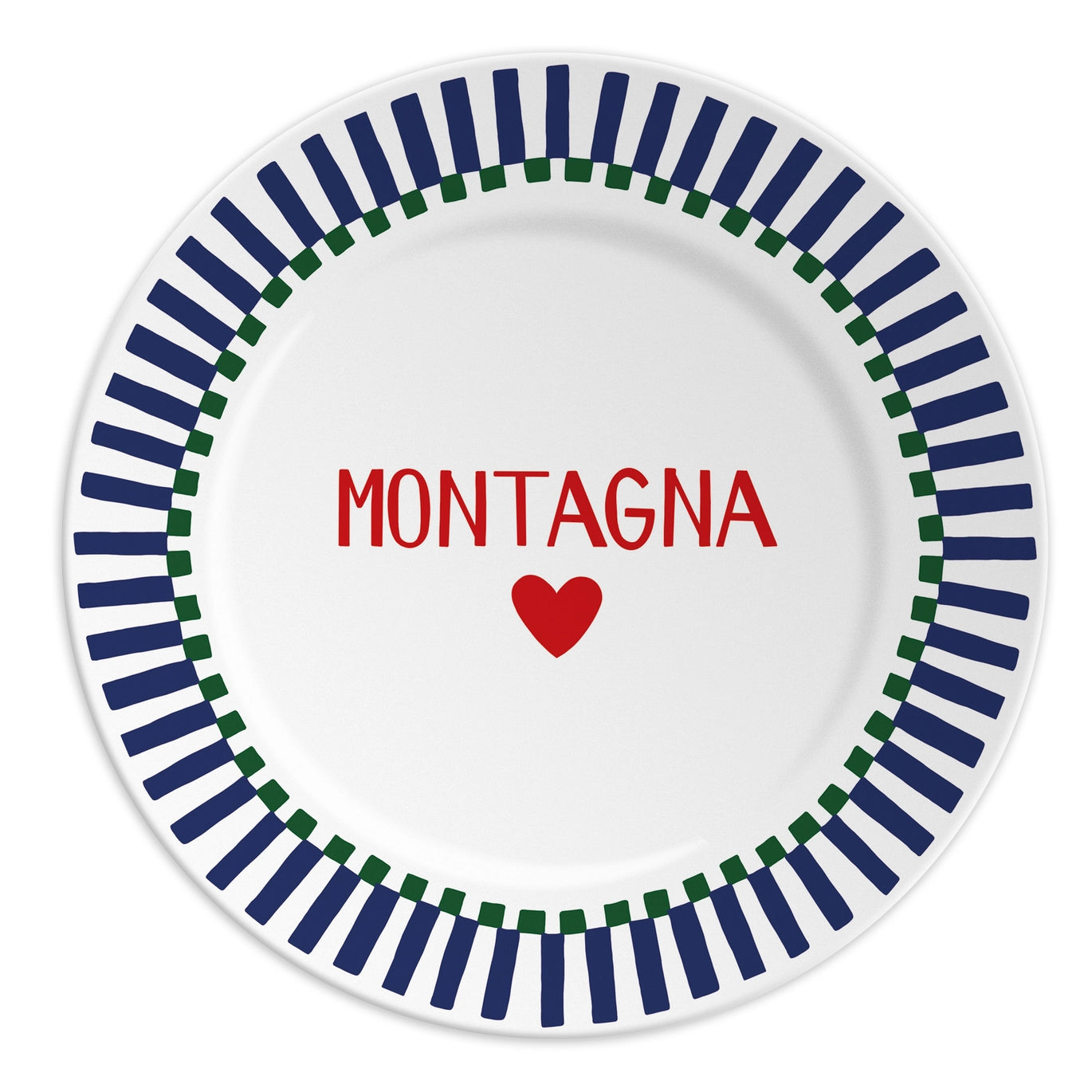 Piatto in porcellana con scritta “Montagna” e cuore rosso, Collezione Winter di Ilaria I, Made in Italy.