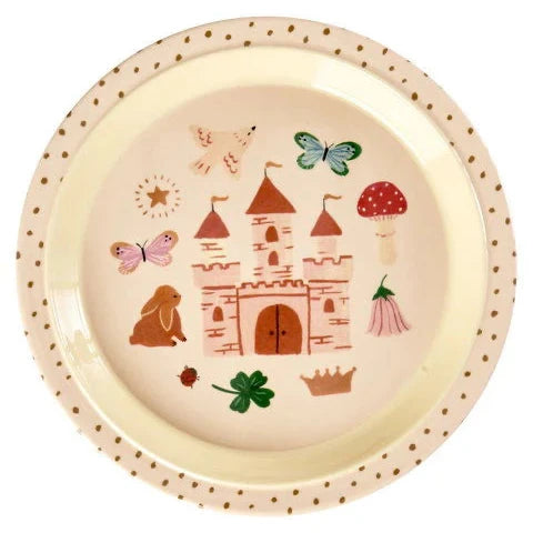 Piatto piano per bambini in melamina Rice rosa con stampa Fairytale