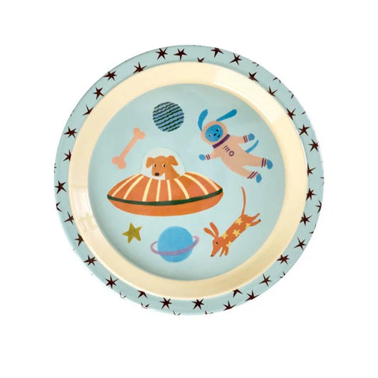 RICE Piatto Piano  Bambini in Melamina – Dogs in Space Azzurro