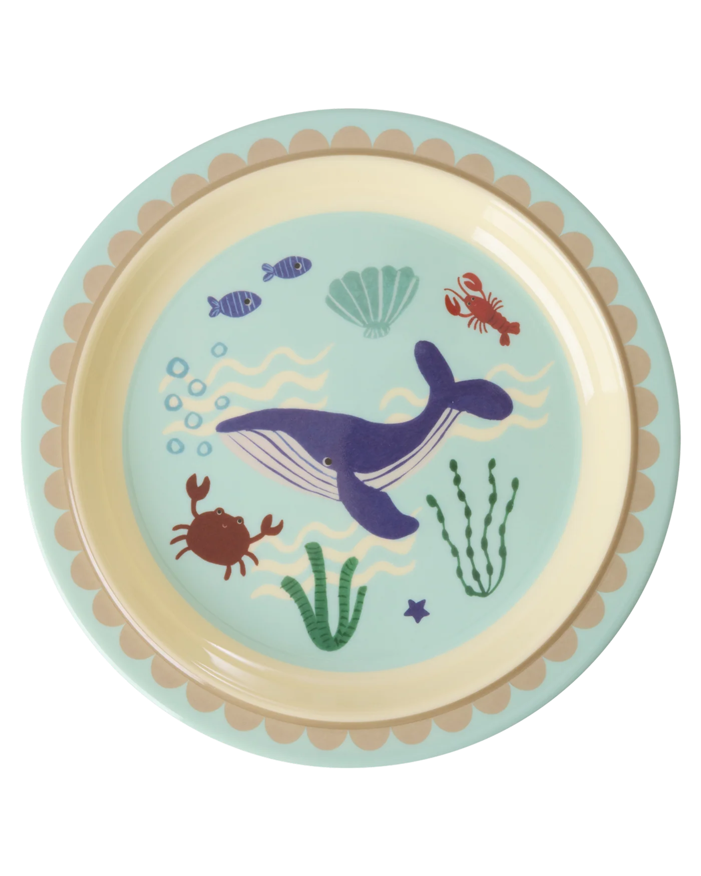 Piatto piano Rice per bambini in melamina con stampa Blue Ocean, su sfondo bianco