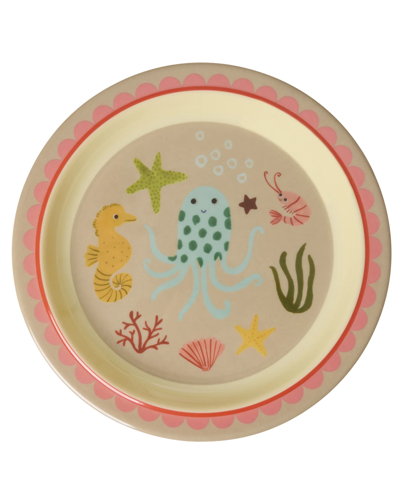 Piatto piano Rice per bambini in melamina con stampa Coral Ocean, su sfondo bianco