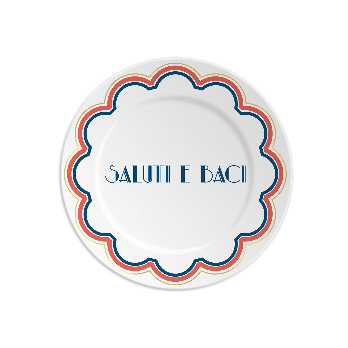 Piatto in porcellana con scritta “Saluti e Baci” e bordo decorato, Ilaria I, Made in Italy.