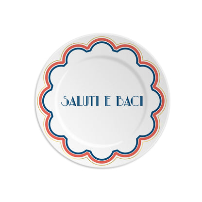 Piatto in porcellana con scritta “Saluti e Baci” e bordo decorato, Ilaria I, Made in Italy.