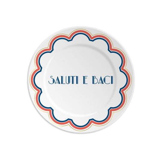 Piatto in porcellana con scritta “Saluti e Baci” e bordo decorato, Ilaria I, Made in Italy.