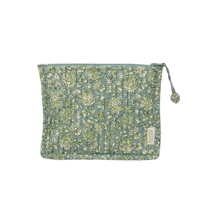 Pochette Arushi Blue Green trapuntata con stampa block print e nappina