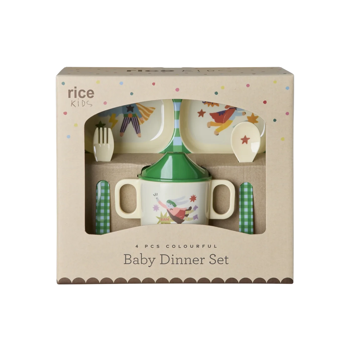 Rice baby dinner set Hero verde set pappa in melamina con piatto bicchiere e posate in gift box