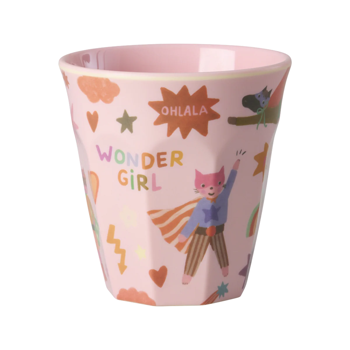 Bicchiere RICE per bambini medio rosa con stampa Hero in melamina resistente