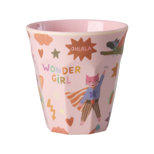 Bicchiere RICE per bambini medio rosa con stampa Hero in melamina resistente