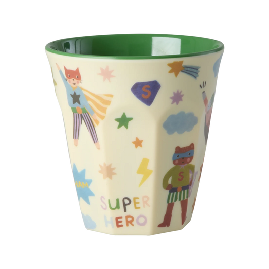 Bicchiere RICE per bambini medio verde con stampa Hero in melamina resistente