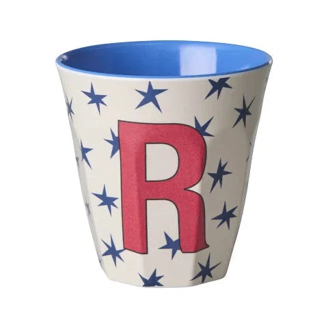 Bicchiere RICE lettera R melamina crema con stelle blu