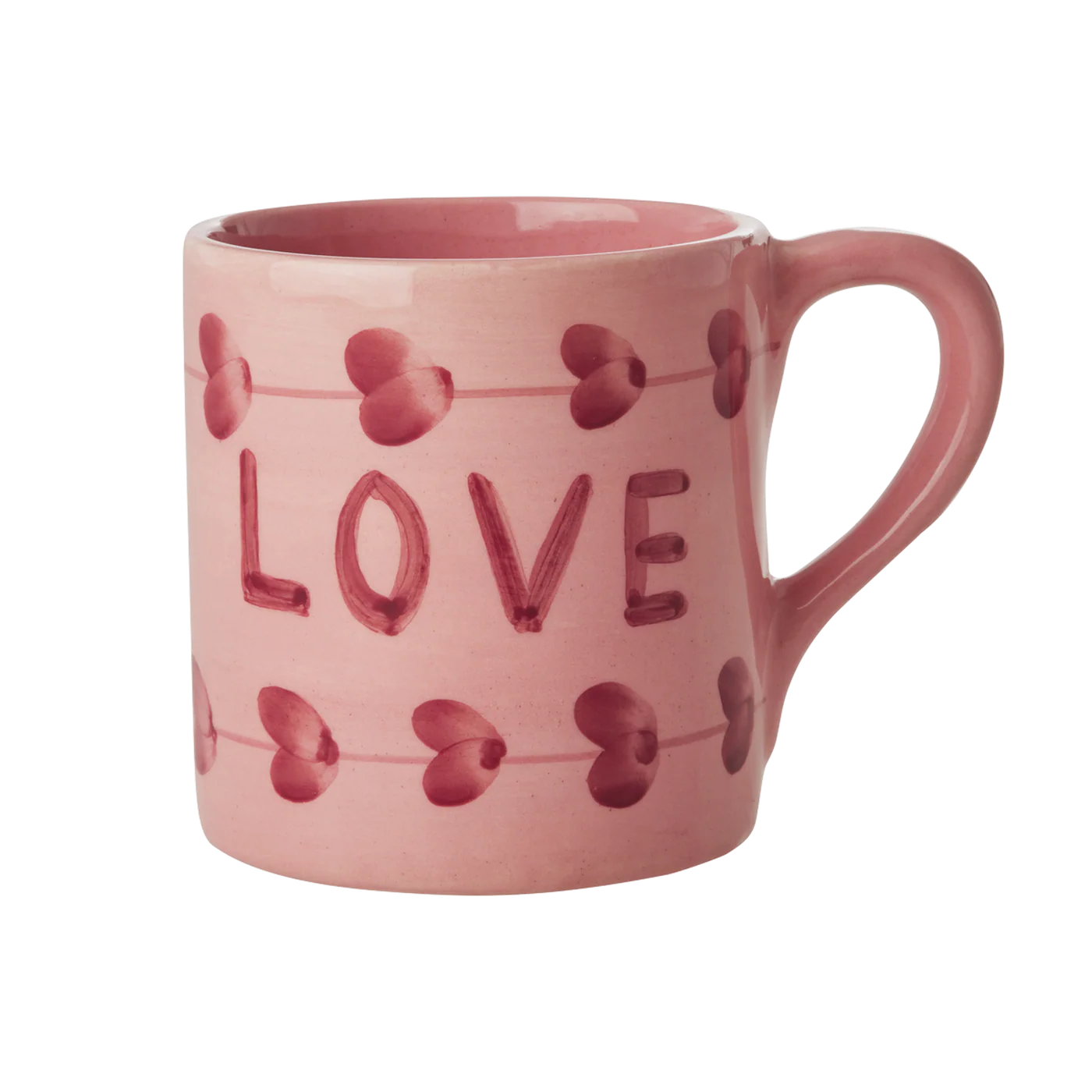 Tazza in ceramica rosa RICE Denmark con cuori e scritta LOVE dipinta a mano