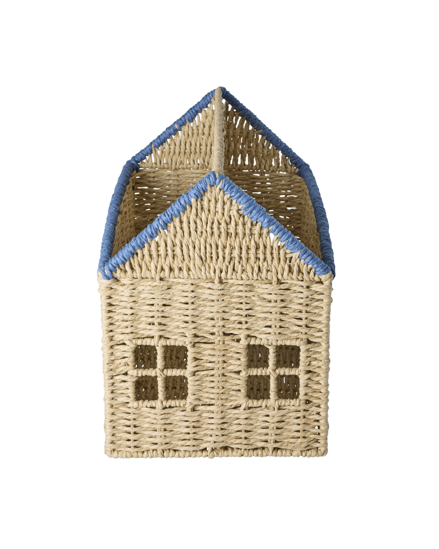 Cesto porta libri e giochi a forma di casa in rafia blu Rice per cameretta bambini