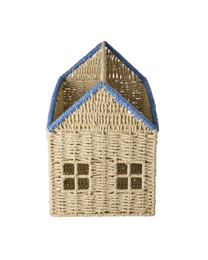 Cesto porta libri e giochi a forma di casa in rafia blu Rice per cameretta bambini