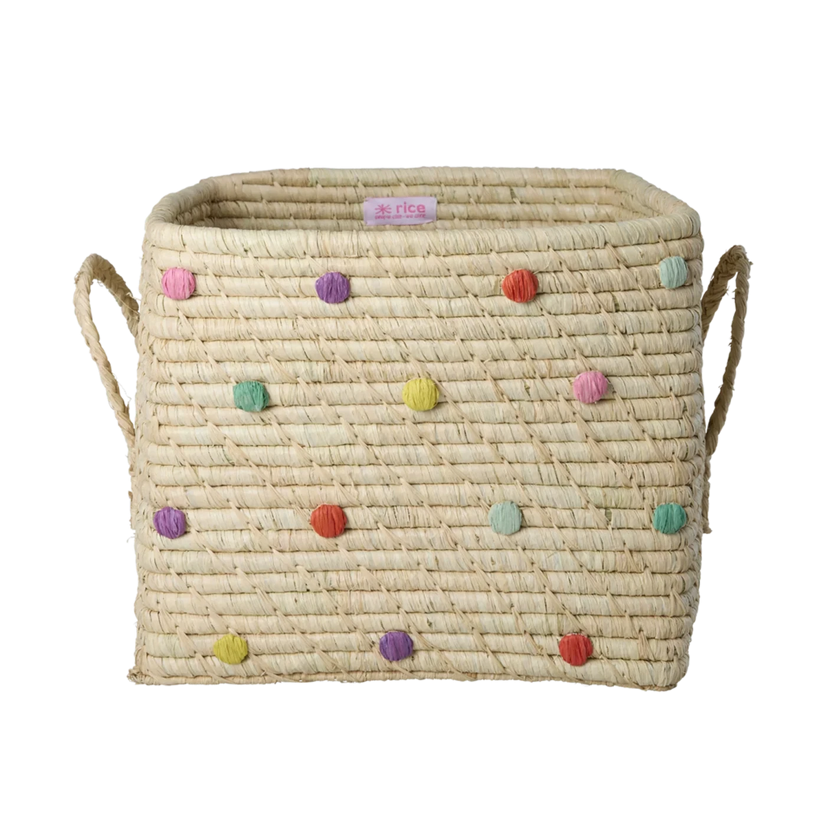 Cesto porta giochi RICE in rafia naturale con pois colorati