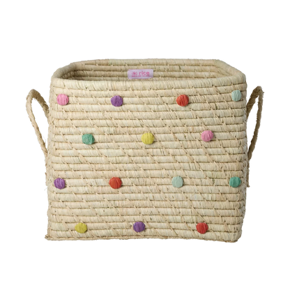 Cesto porta giochi RICE in rafia naturale con pois colorati