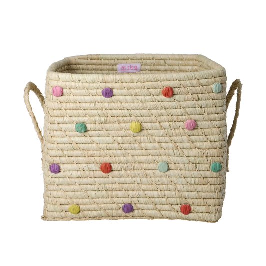 Cesto porta giochi RICE in rafia naturale con pois colorati