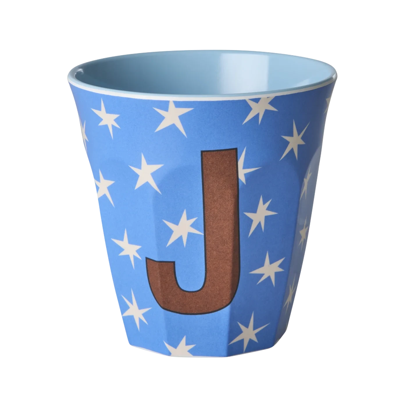 Tazza RICE Denmark blu con stelle bianche e lettera J in melamina, vista frontale