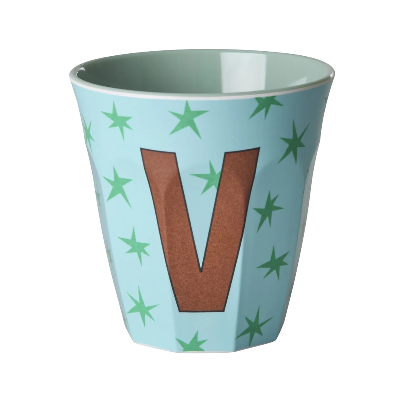 Tazza RICE Denmark azzurra con stelle e lettera V in melamina, vista frontale