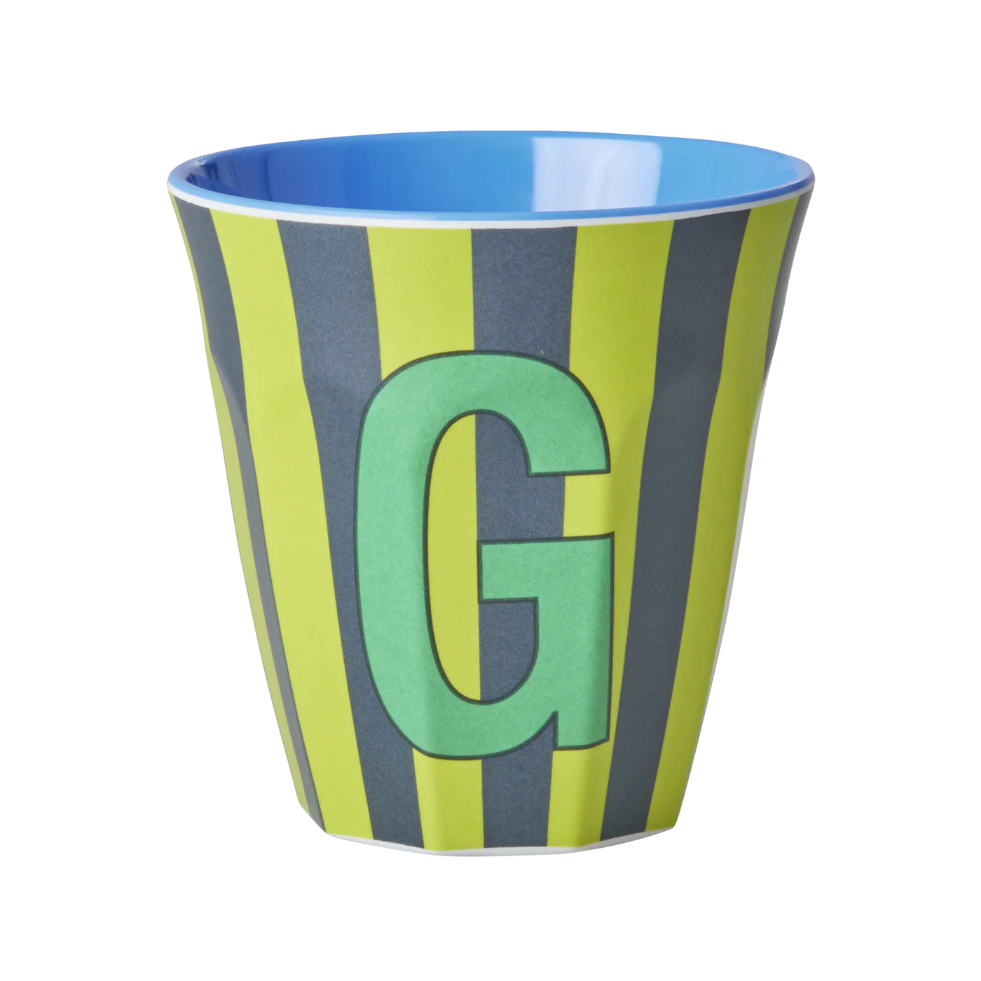 Tazza RICE Denmark verde a righe con lettera G in melamina, vista frontale