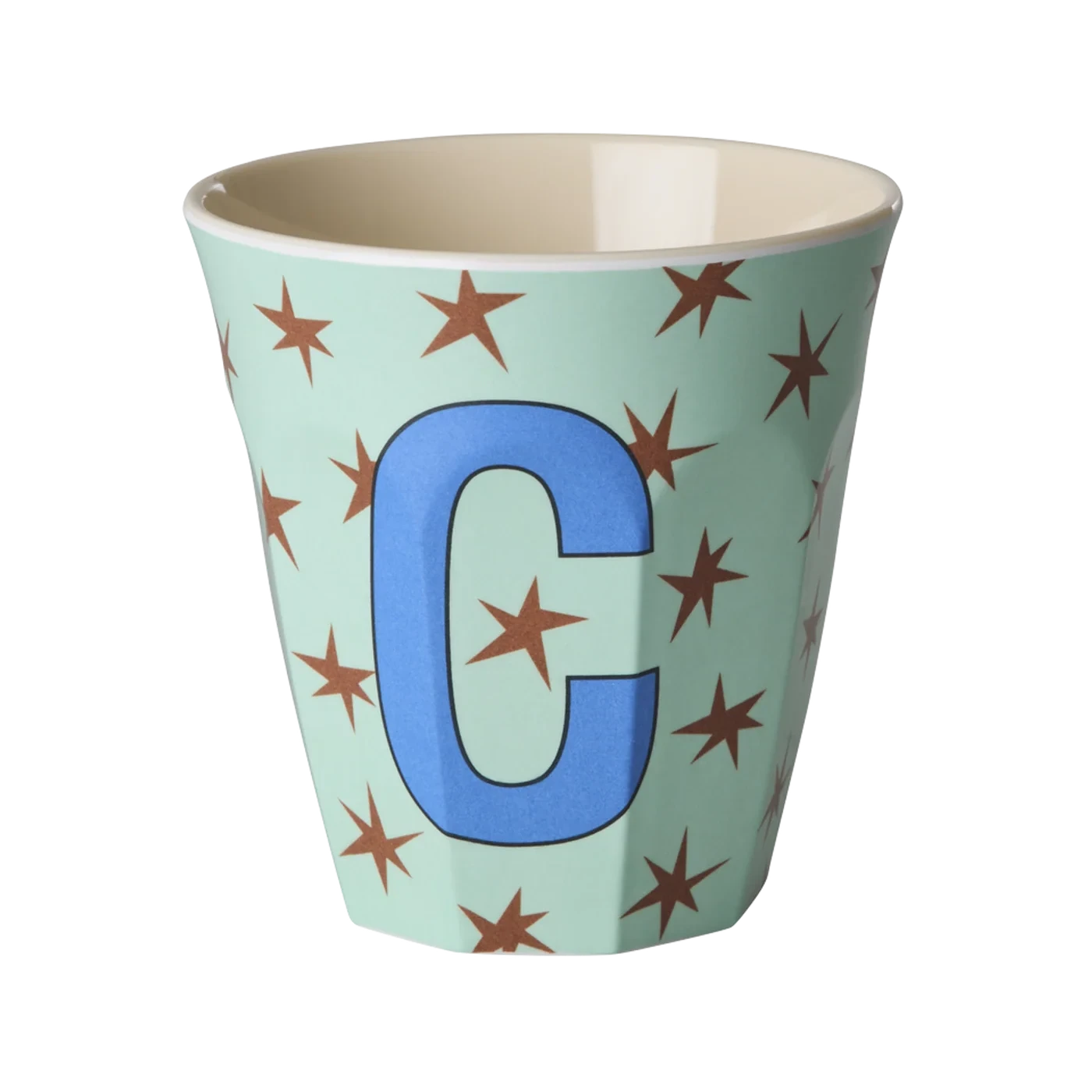 Tazza RICE Denmark verde menta con stelle bianche e lettera C in melamina, vista frontale