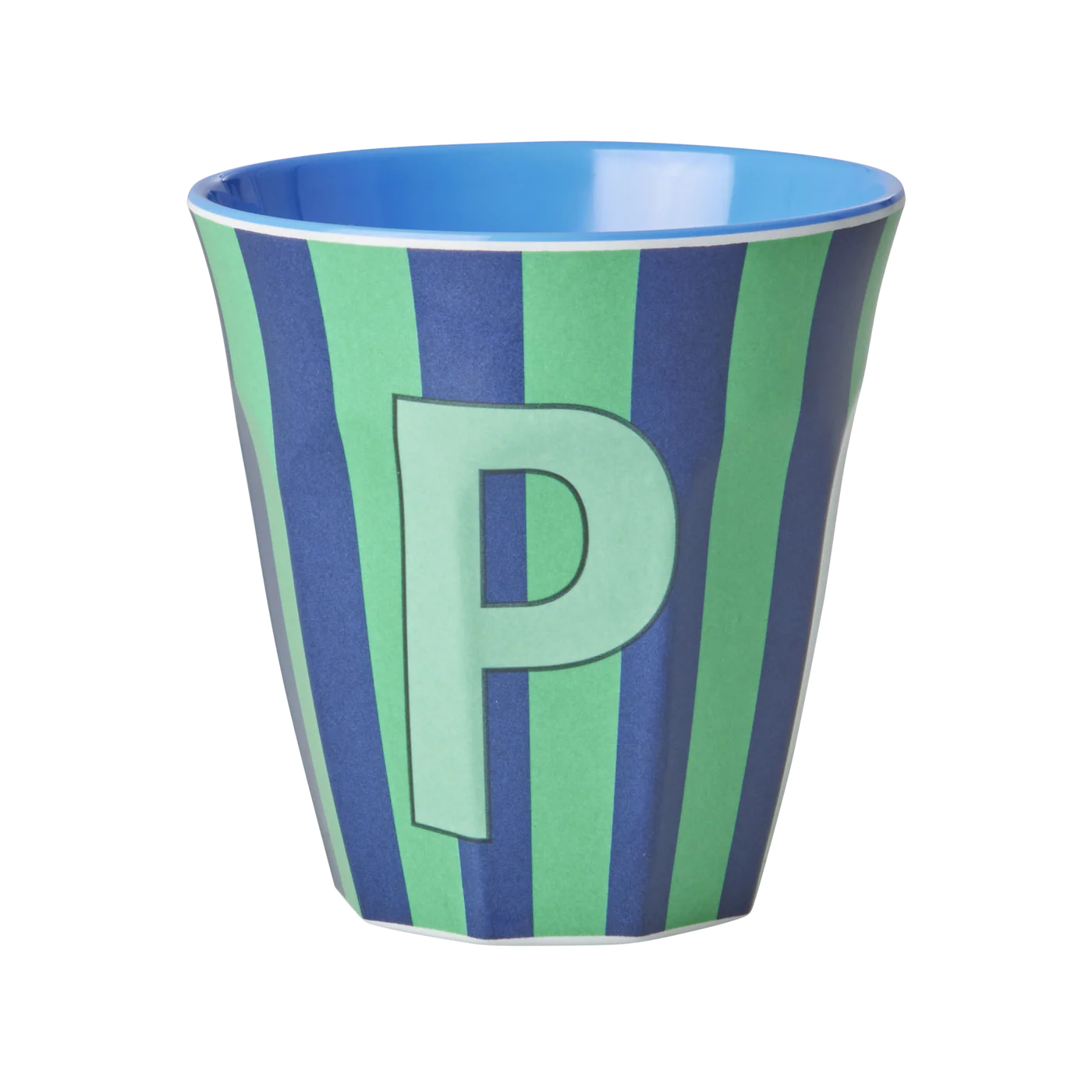 Tazza RICE Denmark multicolor a righe blu e verdi con lettera P in melamina, vista frontale