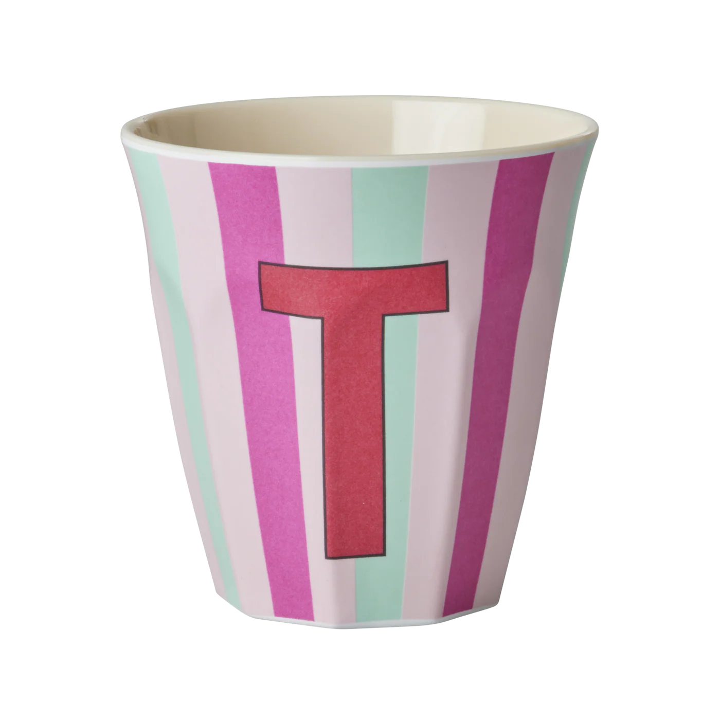 Tazza RICE Denmark rosa a righe con lettera T in melamina, vista frontale