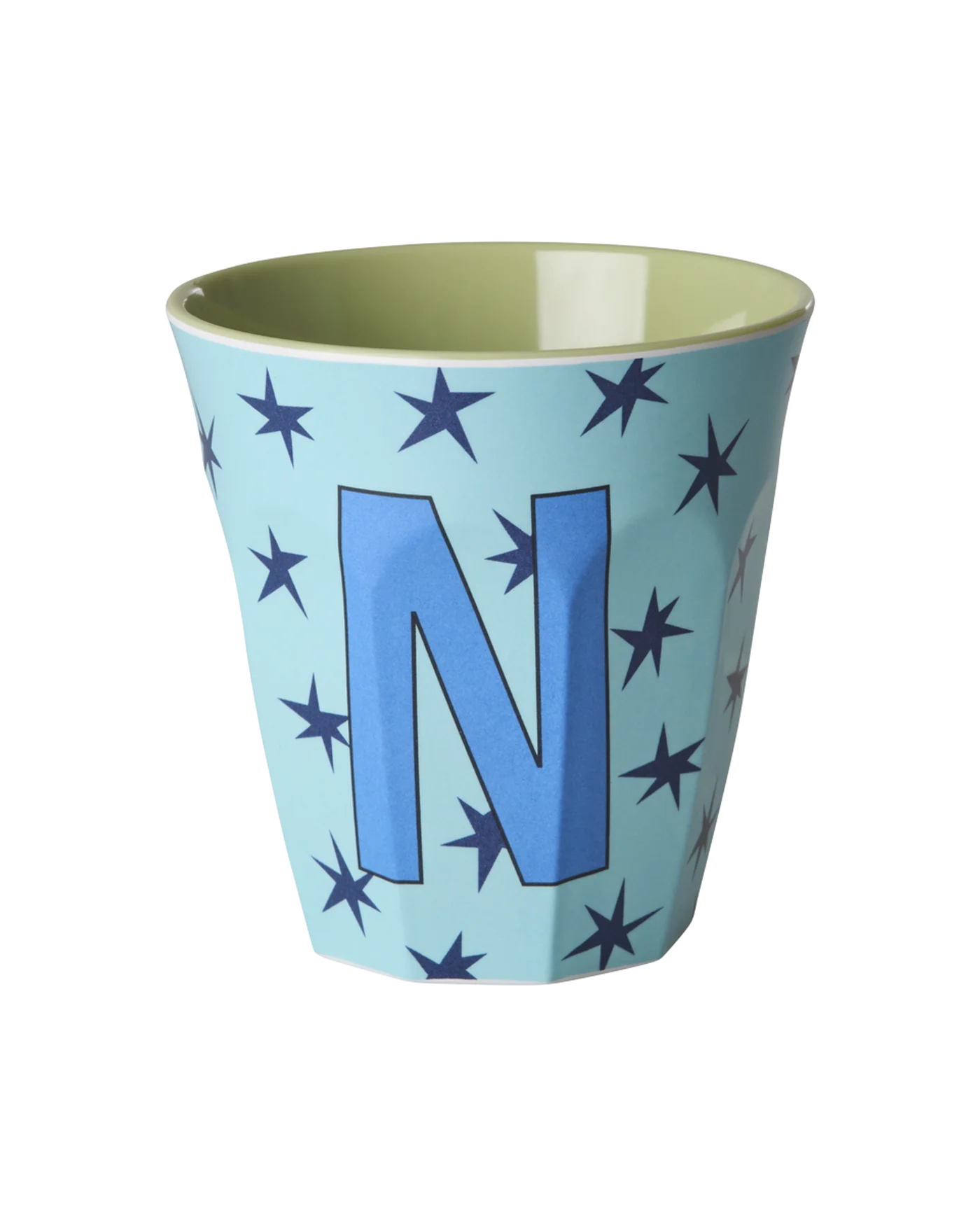 Tazza RICE Denmark azzurra con stelle e lettera N in melamina, vista frontale