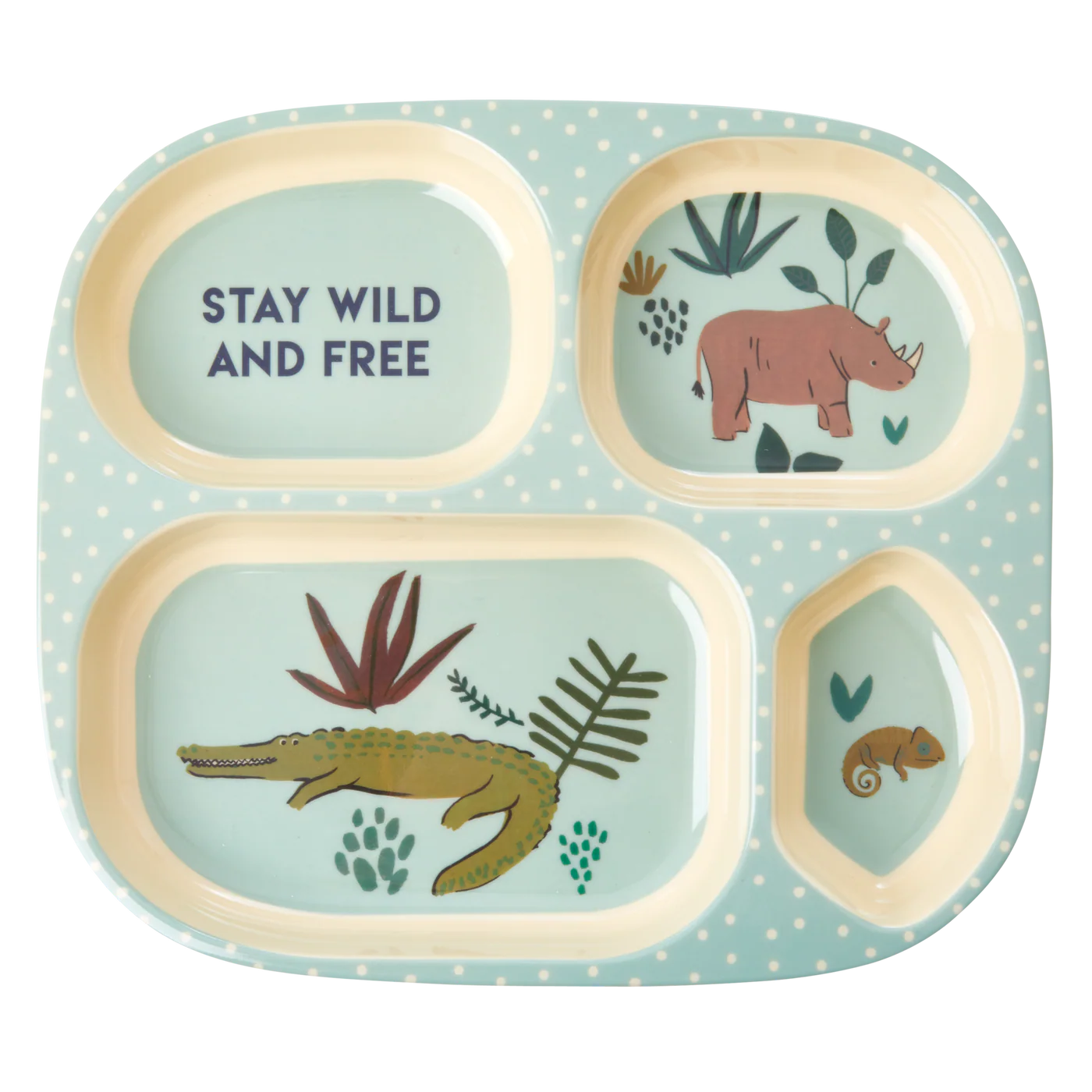 Piatto bambini RICE con 4 scomparti in melamina fantasia Jungle Soft Blue