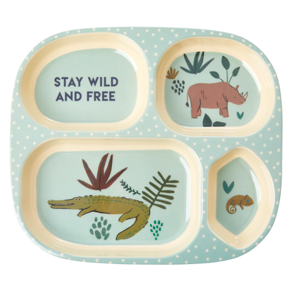 Piatto bambini RICE con 4 scomparti in melamina fantasia Jungle Soft Blue