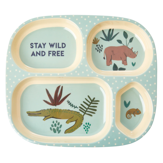 Piatto bambini RICE con 4 scomparti in melamina fantasia Jungle Soft Blue