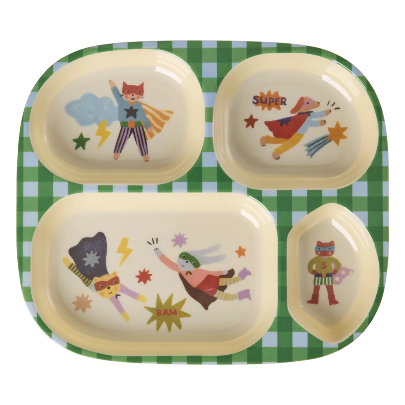 Piatto RICE per bambini 4 scomparti verde con stampa Hero in melamina