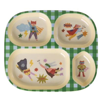 Piatto RICE per bambini 4 scomparti verde con stampa Hero in melamina