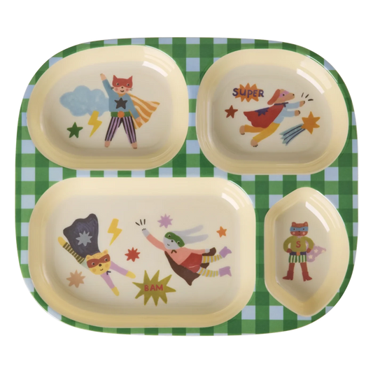 Piatto RICE per bambini 4 scomparti verde con stampa Hero in melamina