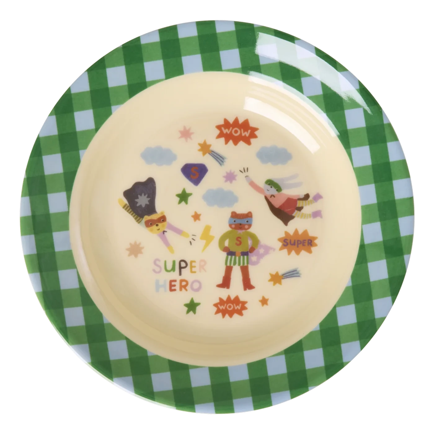 Piatto fondo RICE per bambini verde con stampa Hero in melamina resistente