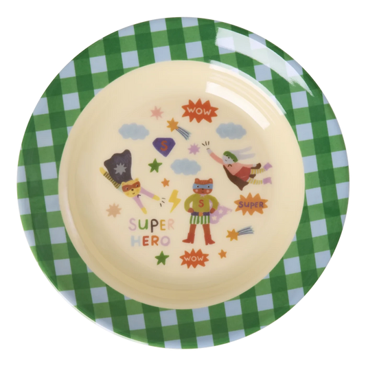 Piatto fondo RICE per bambini verde con stampa Hero in melamina resistente
