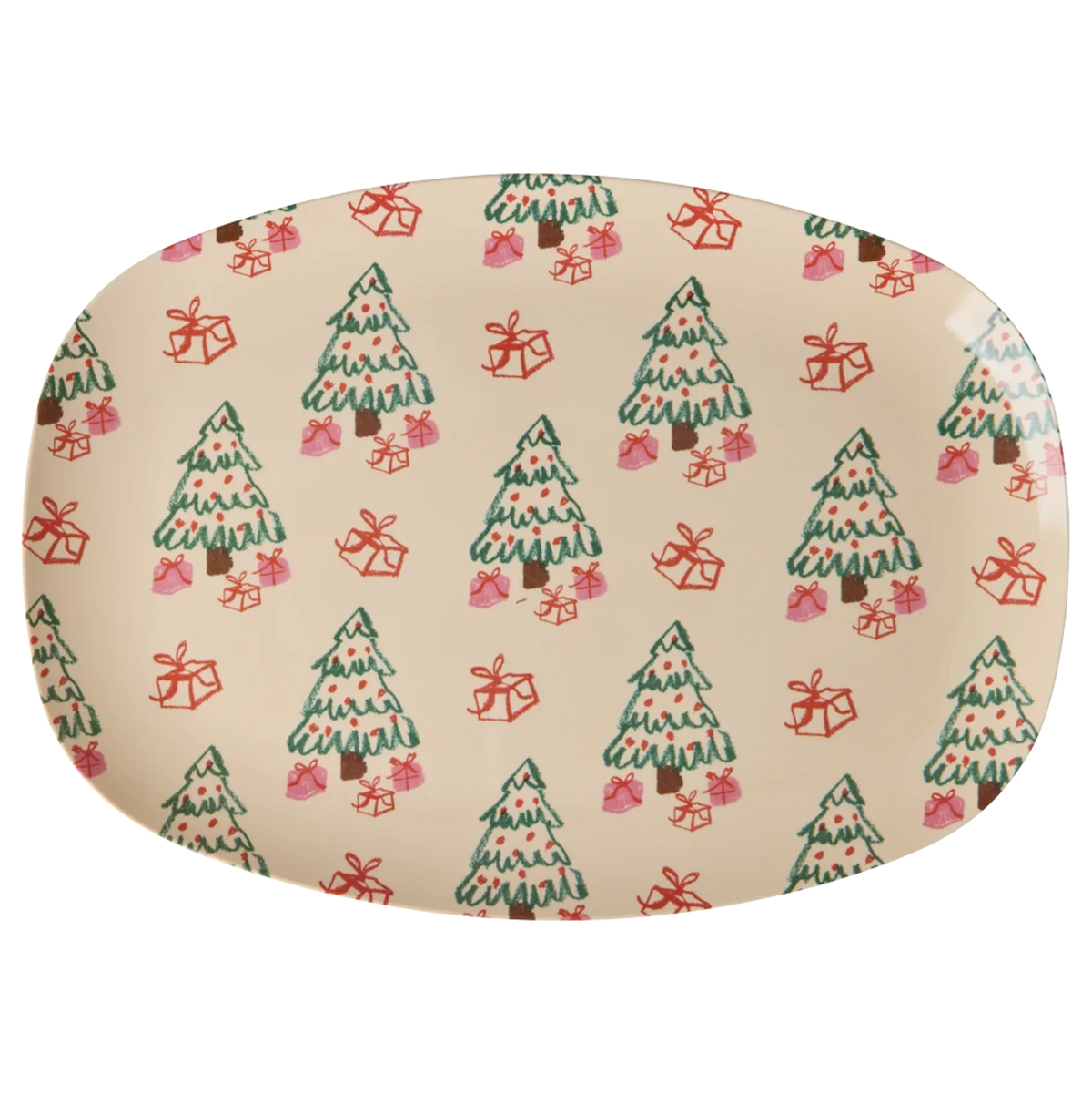 Piatto grande natalizio RICE Gifted Tree in melamina 30x22 cm con alberi di Natale e regali