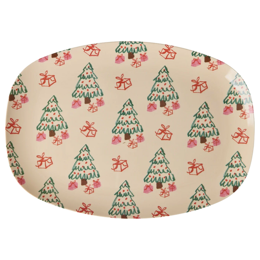 Piatto grande natalizio RICE Gifted Tree in melamina 30x22 cm con alberi di Natale e regali
