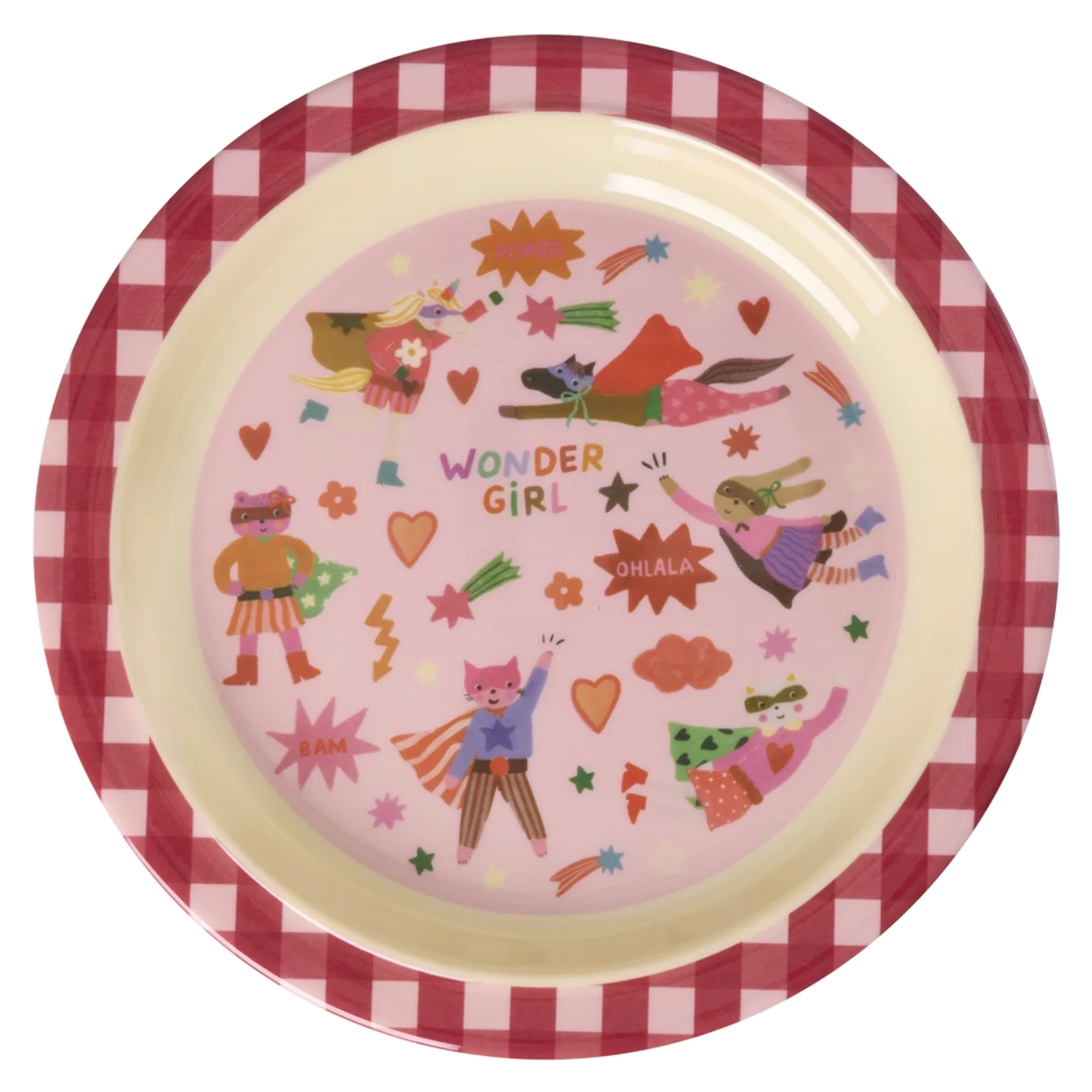 Piatto piano RICE per bambini rosa con stampa Hero in melamina resistente