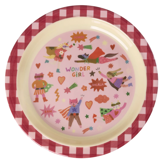 Piatto piano RICE per bambini rosa con stampa Hero in melamina resistente