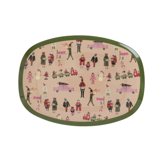 Piatto rettangolare piccolo Rice in melamina rosa polvere con stampa natalizia Holiday