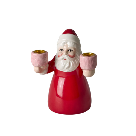 Portacandela Rice Babbo Natale piccolo in ceramica rossa con cappuccio metallico