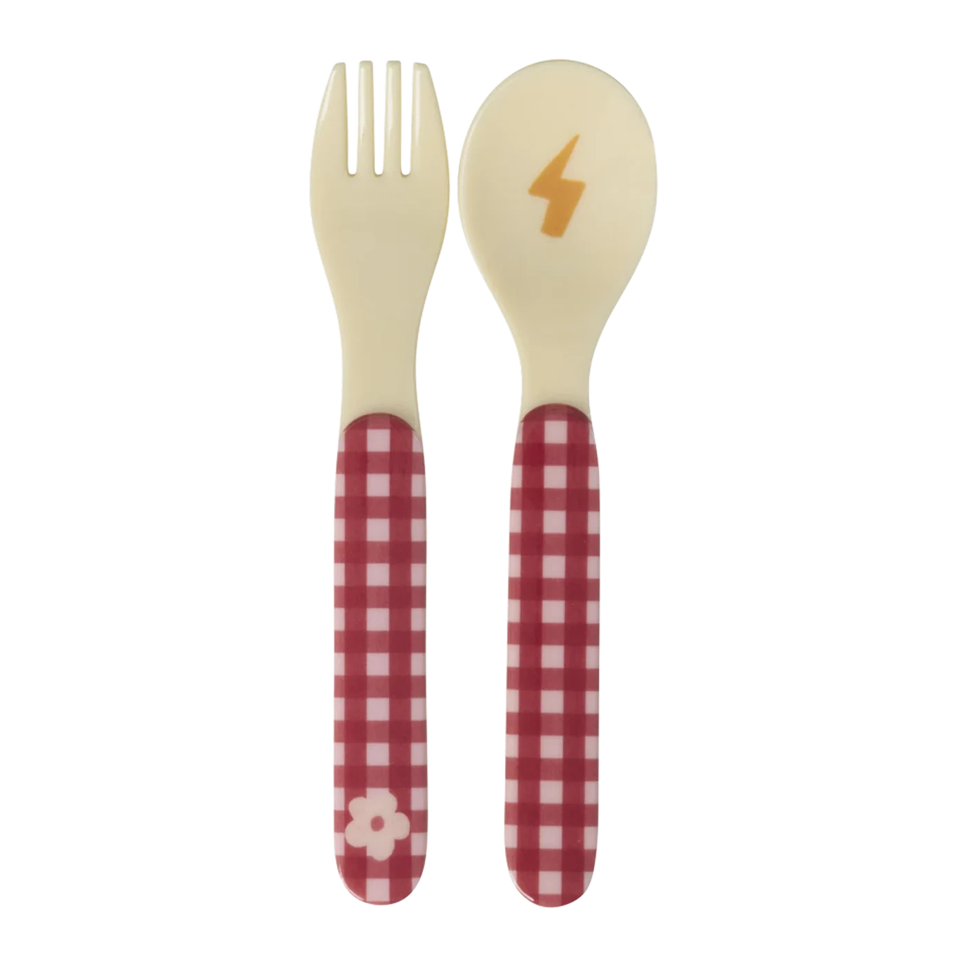 Set cucchiaio e forchetta RICE per bambini rosa con stampa Hero in melamina