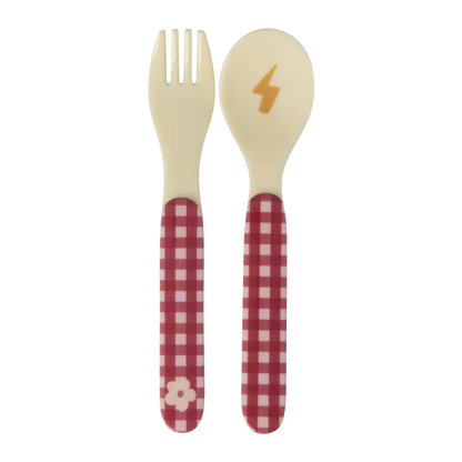 Set cucchiaio e forchetta RICE per bambini rosa con stampa Hero in melamina
