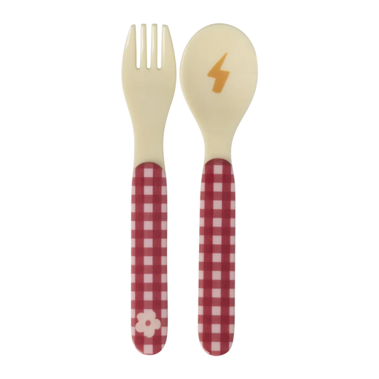 Set cucchiaio e forchetta RICE per bambini rosa con stampa Hero in melamina