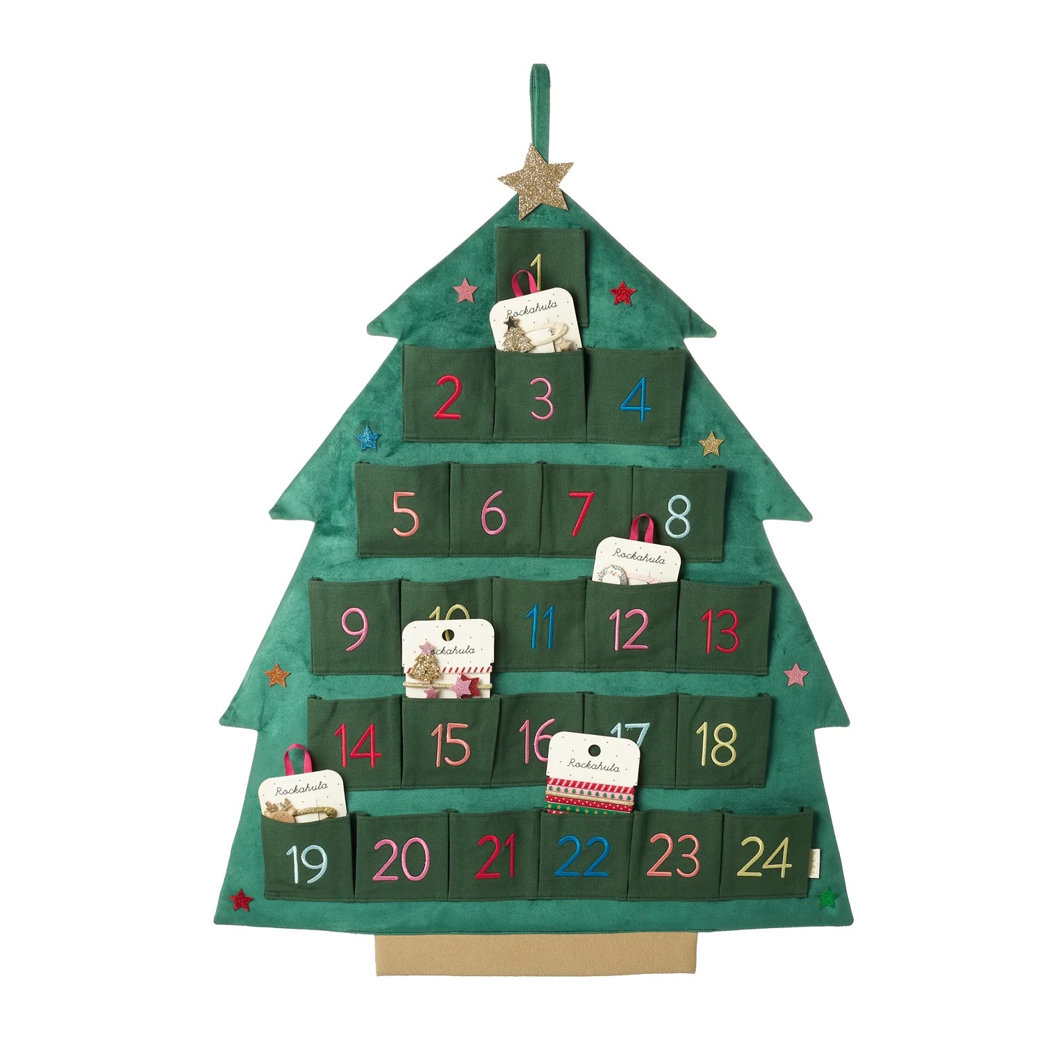 Calendario dell’Avvento Rockahula a forma di albero di Natale in velluto con stelle glitterate